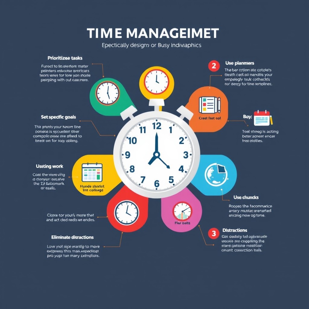 A visually engaging infographic that creatively illustrates effective time management strategies specifically designed for busy individuals
