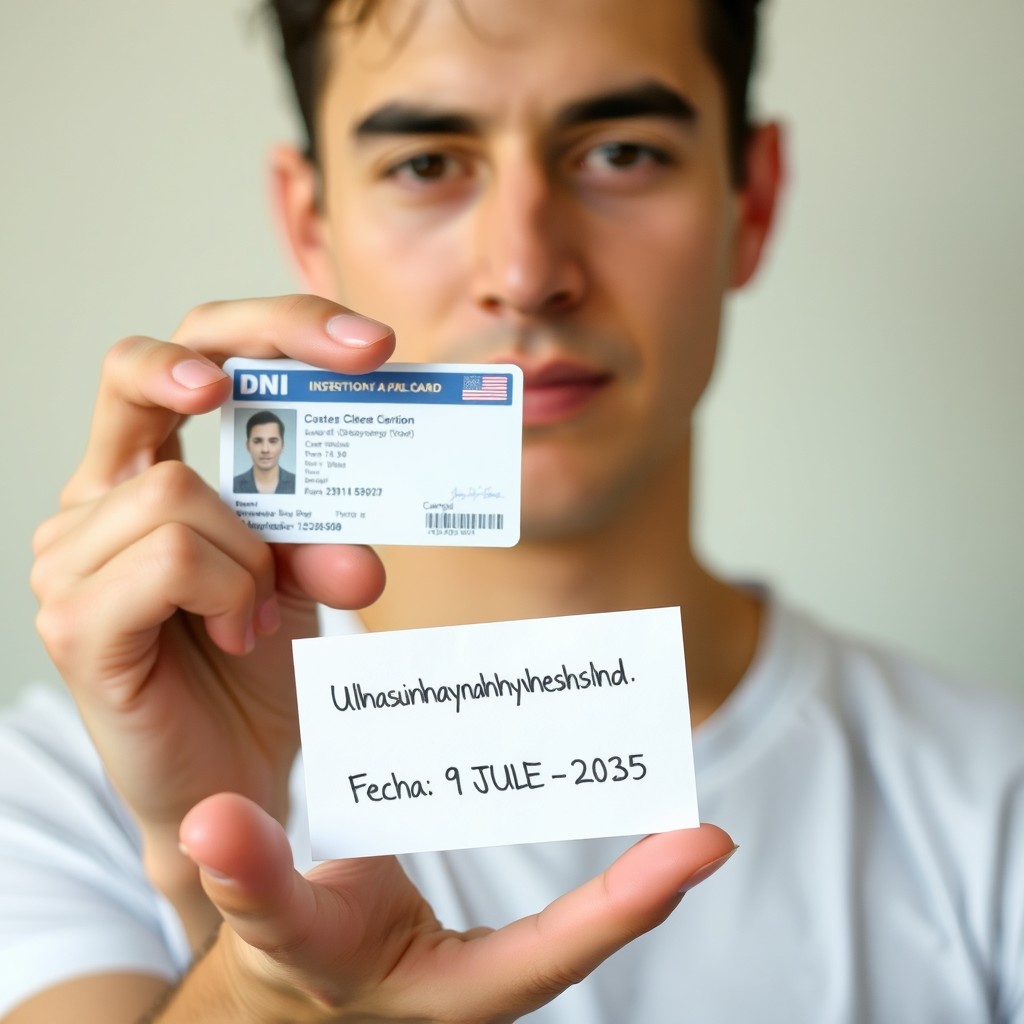 A person holding their identity card (DNI) in their right hand and a small piece of paper in their left hand that says: 'Usuario: ahahahyahhshshd Fecha: 9 JULY 2025'