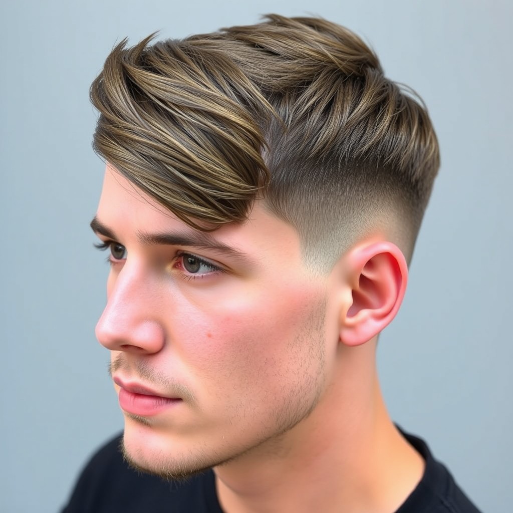A modern textured crop hairstyle featuring a top length of 5 to 7 cm styled forward with a high to medium fade on the sides, seamlessly blended