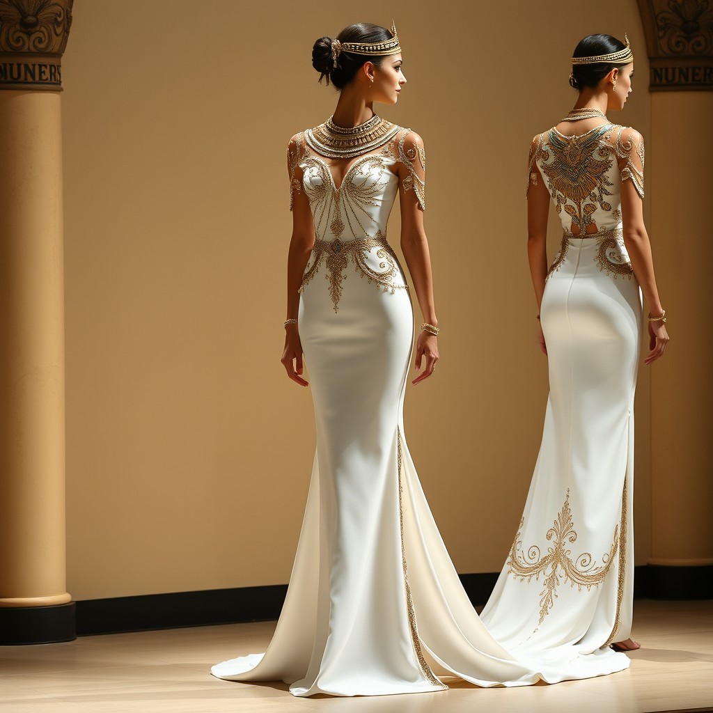 An elegant dress inspired by Zuhair Murad's Egyptian fashion show, blending modern design with ancient Egyptian elements