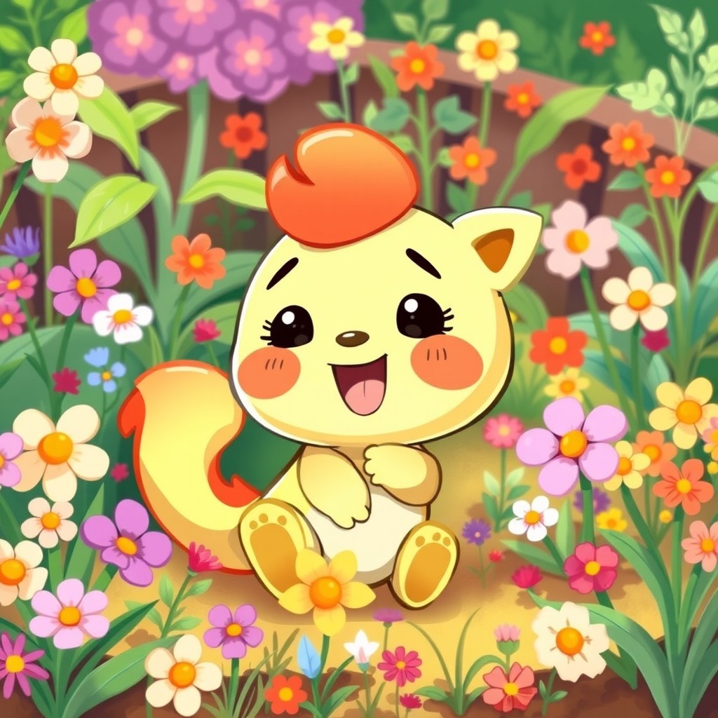 A whimsical and brightly colored illustration of a cute cartoonish character, resembling a playful animated creature, surrounded by a vibrant garden filled with flowers and plants