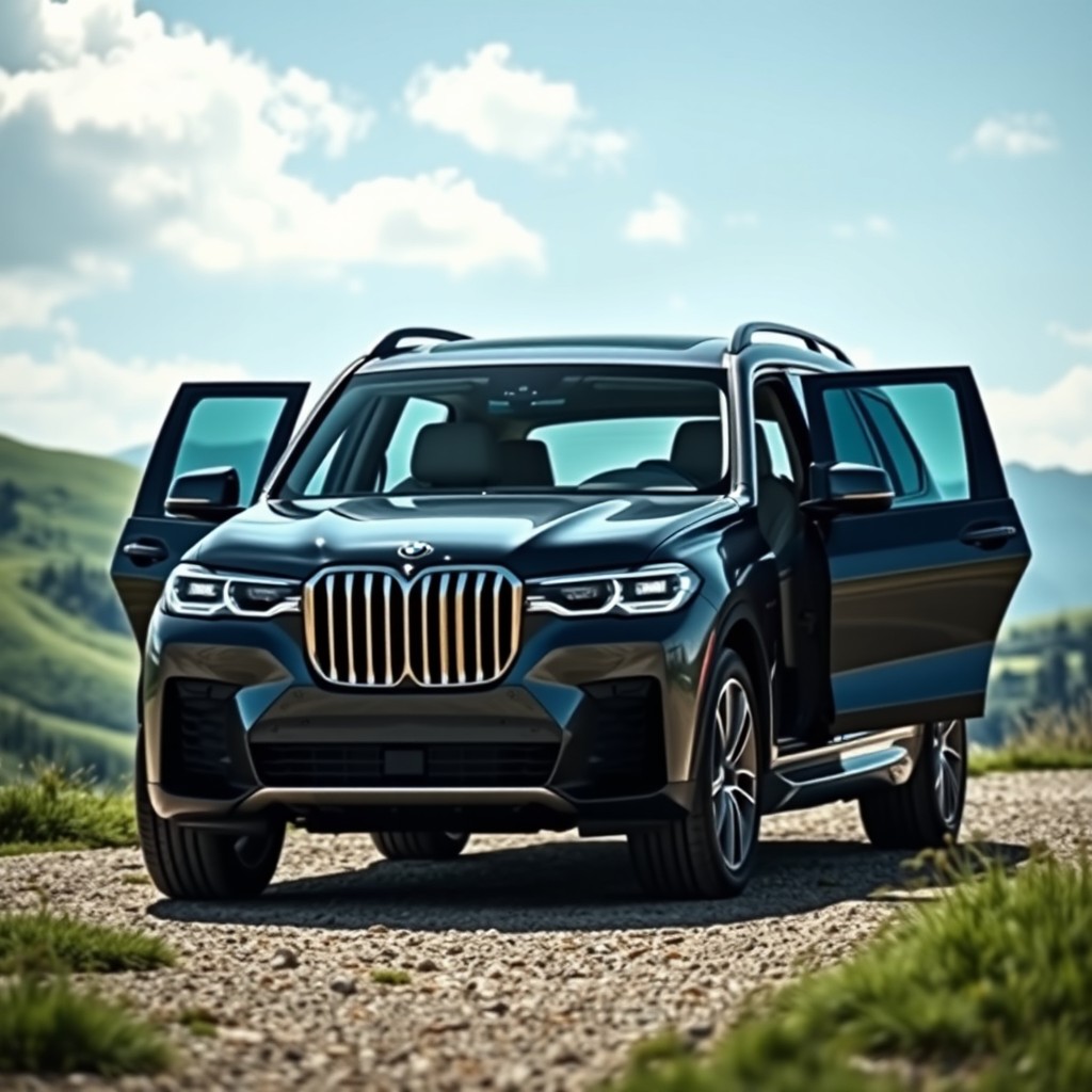 A stunning BMW X7 in a majestic landscape, showcasing its sleek design and luxury features