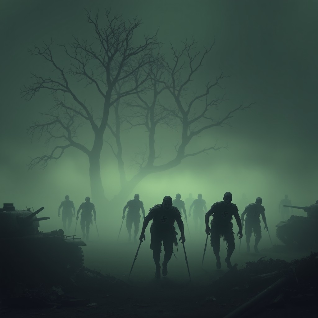 A World War battlefield shrouded in thick fog, with eerie silhouettes of zombies emerging from the mist, all wearing Nazi emblems