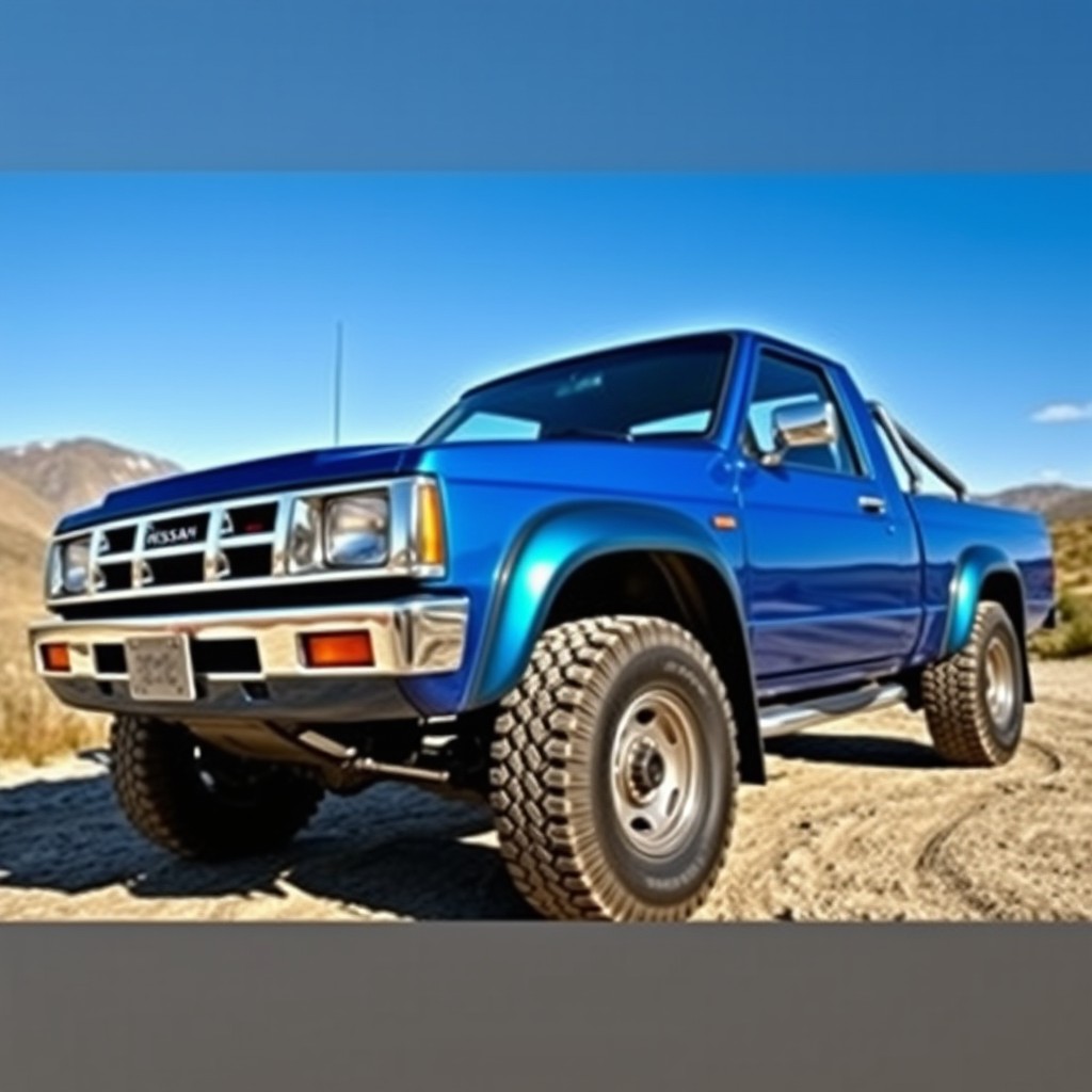 A stunning Nissan D21 Hardbody pickup truck, featuring a robust 4WD system, parked in a scenic outdoor landscape