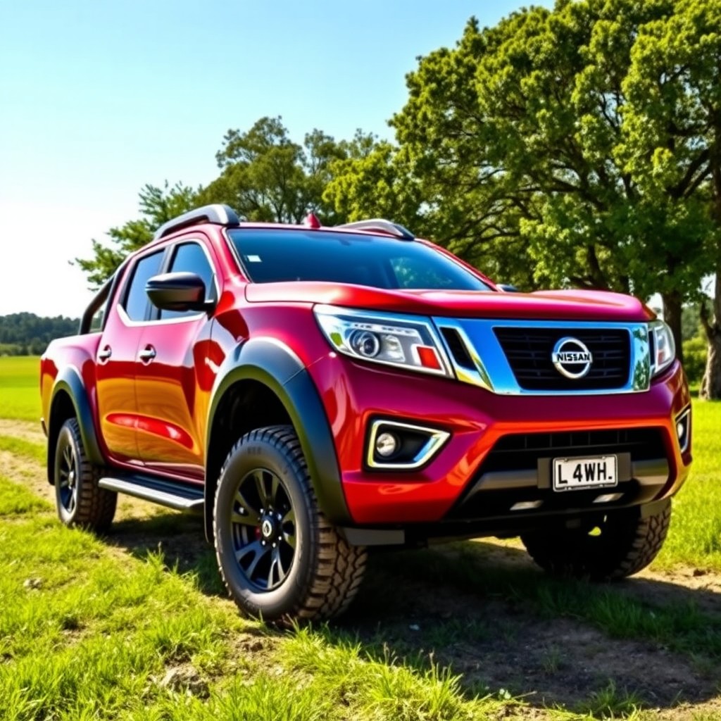 A striking Nissan D21 Hardbody pickup truck, equipped with a powerful 4WD system, parked in a picturesque rural setting