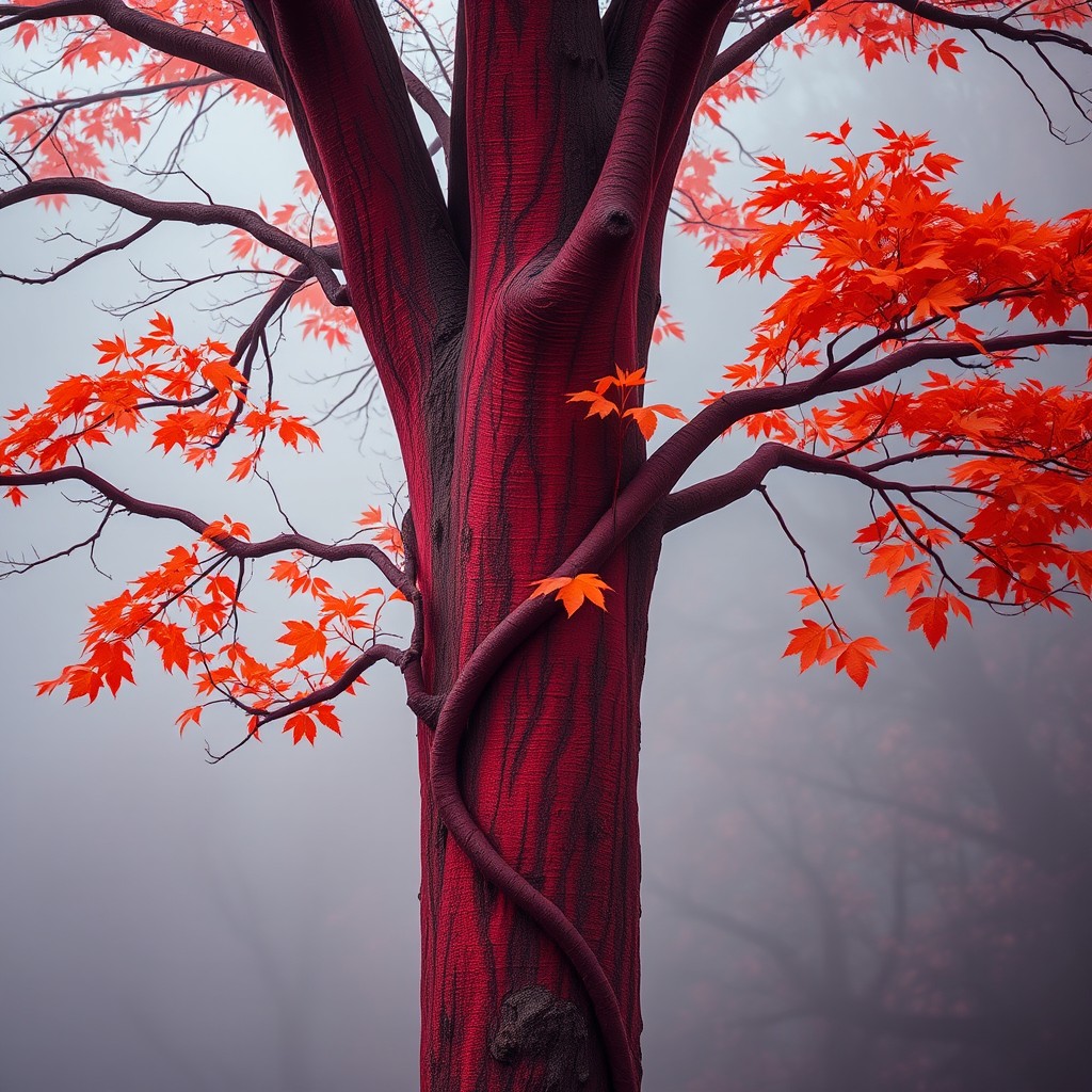 A stunning tree with a vibrant red trunk, standing tall against a mystical red foggy background