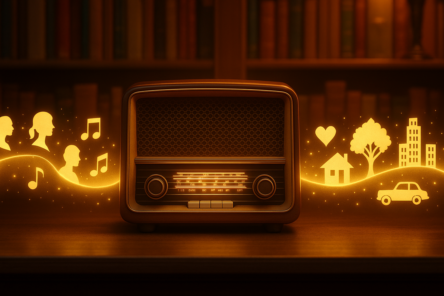 Podobě barevfně laděný banner, ale uprostřed je staré rádio a z něj se na obě srany vine pruh ve ketrém jsou zlatou barvou obrysy lidí,budov,stromů,automobilů, srcí a not. Nápis tam žádný není.