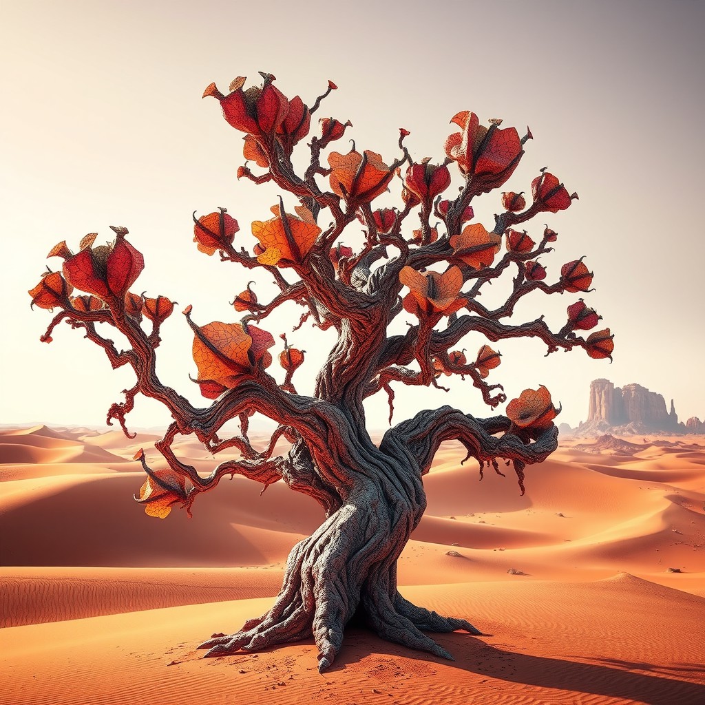 An extraordinary alien tree featuring wild, intricate leaves in vibrant colors and unusual shapes, set against a stunning desert background