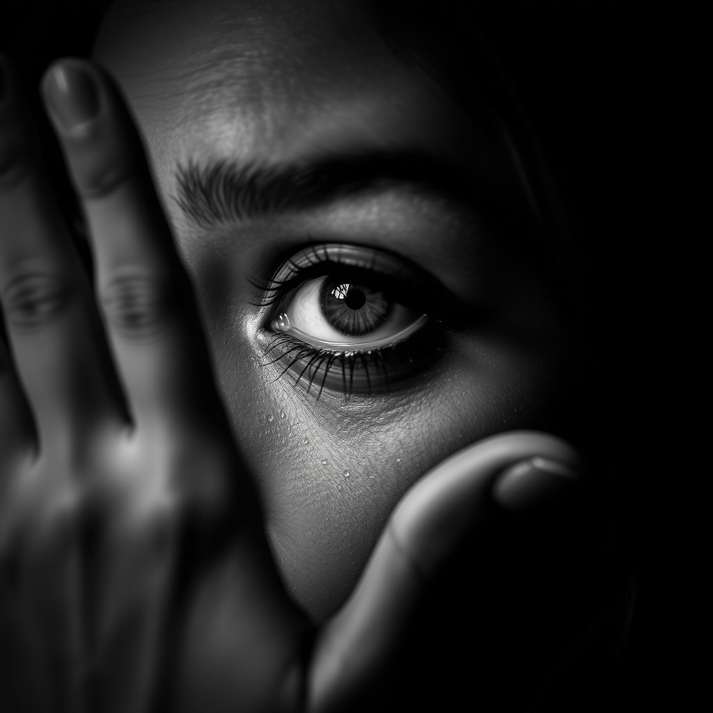 A close-up portrait of an eye featuring smudged mascara and tears, conveying a sense of crying for help