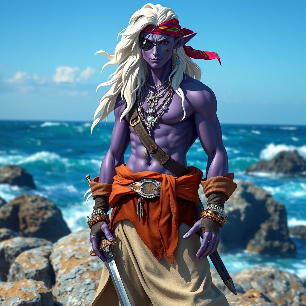 A male sea elf standing confidently on a rocky shore, with long wavy white hair cascading down his shoulders and a striking purple skin tone