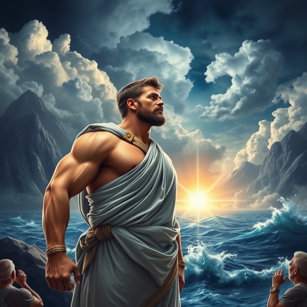 A powerful and inspiring scene featuring a muscular man in ancient Greek-style clothing, standing strong against a tumultuous storm in a dramatic landscape