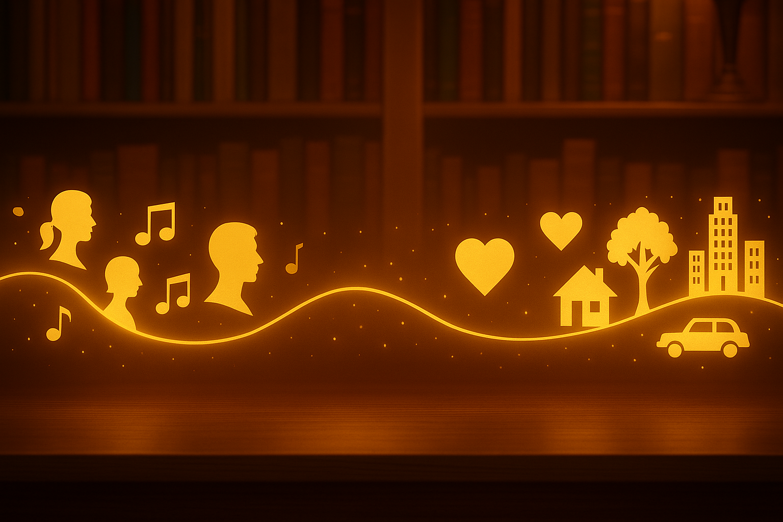 The image features a continuous scene across the entire canvas, showcasing vibrant illustrations of people, musical notes, hearts, buildings, and trees, without any radio present