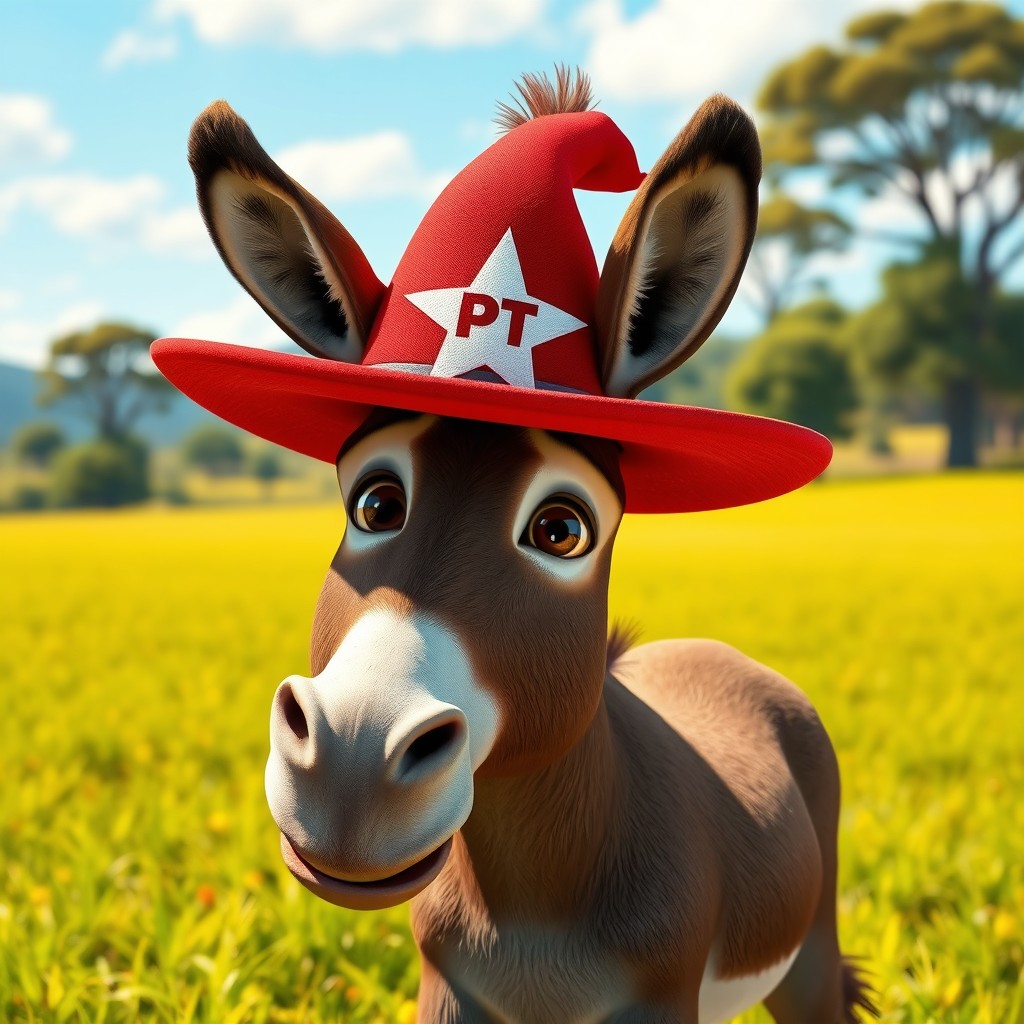 A friendly donkey standing in a sunny field in the Brazilian countryside, designed in a 3D style reminiscent of Pixar animations