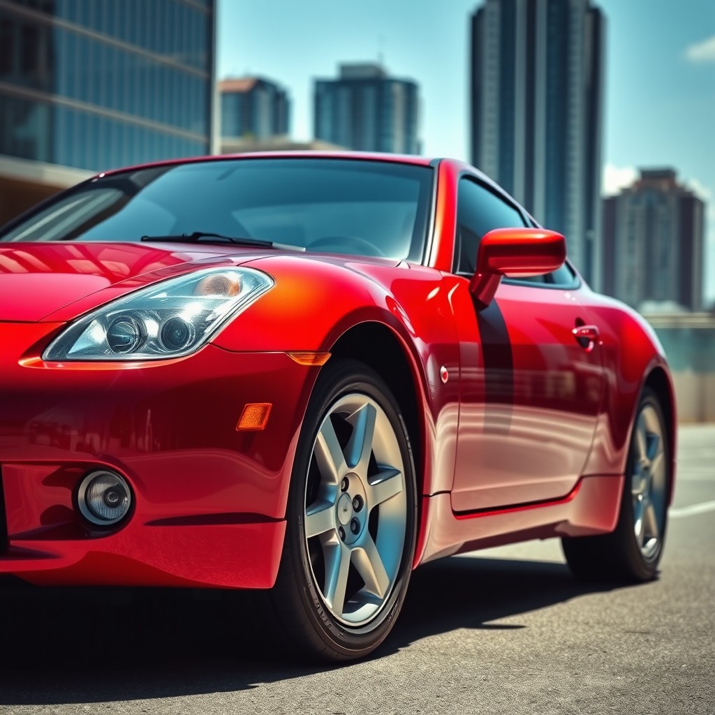 A shiny metallic red Nissan 200SX parked in an urban setting, showcasing its sleek design and stylish curves