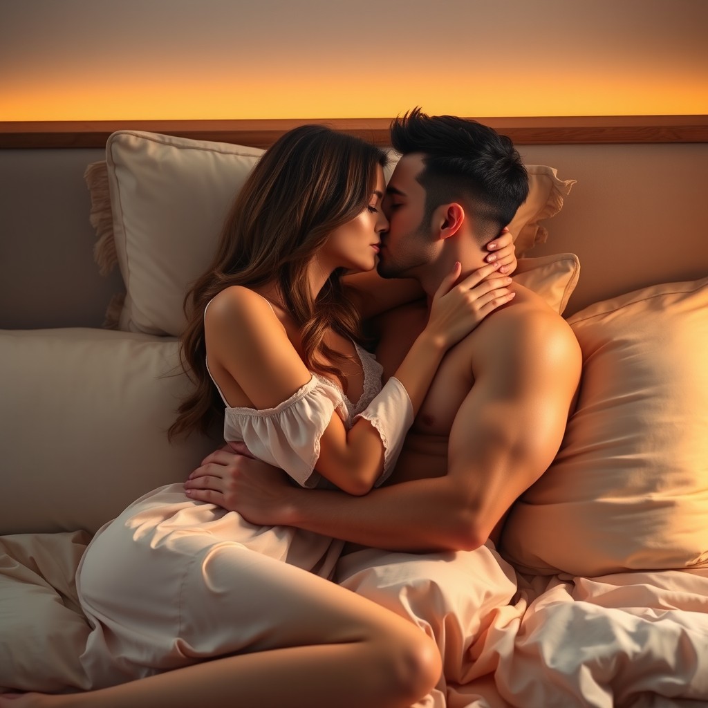 A romantic scene of a couple in bed, passionately kissing