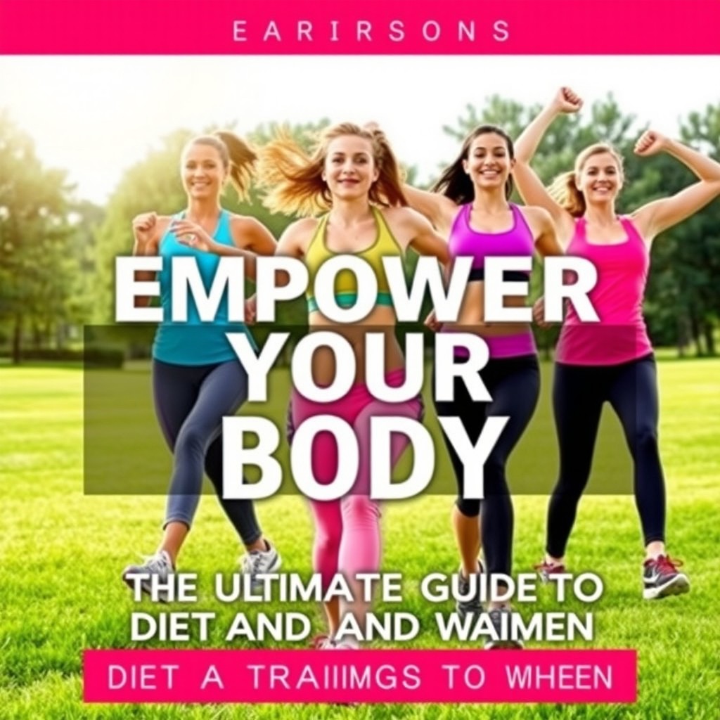 An eye-catching ebook cover design featuring a diverse group of women engaged in various fitness activities such as jogging, yoga, and strength training in an inspiring outdoor setting