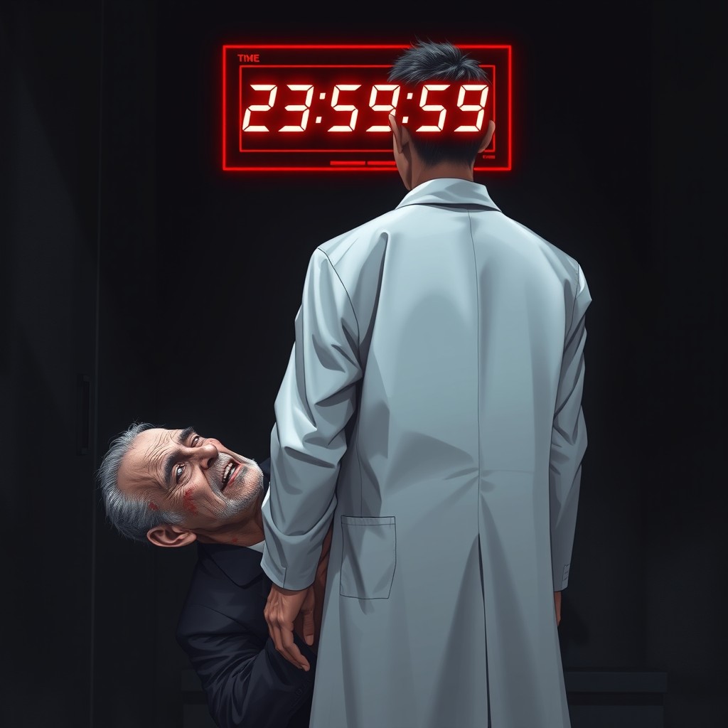 A dark-themed cover illustration featuring a 30-year-old male doctor in a white lab coat, standing with his back to the viewer