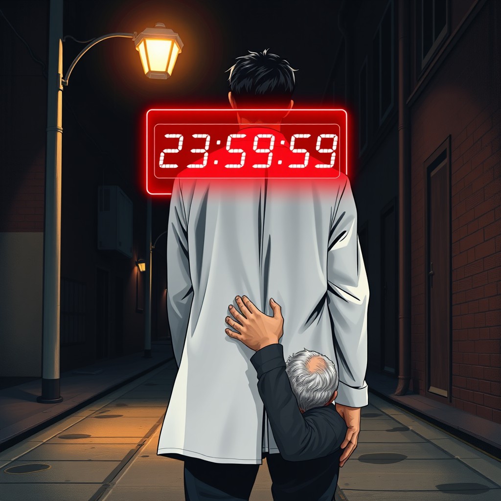 A dark-themed cover illustration set on a dimly lit street illuminated by a streetlamp, featuring a 30-year-old male doctor in a white lab coat, standing with his back to the viewer