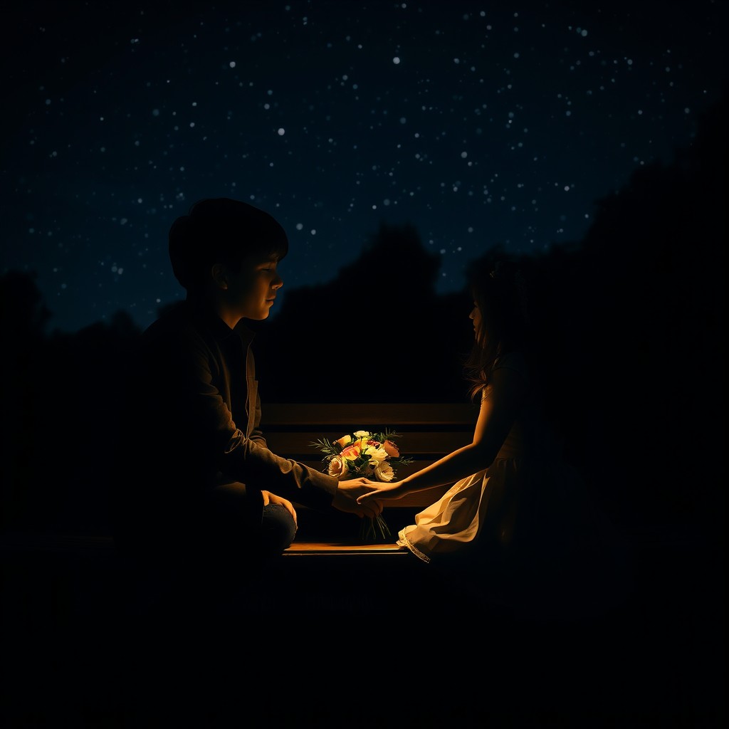 A romantic scene depicting a boy and a girl sitting on a park bench late at night
