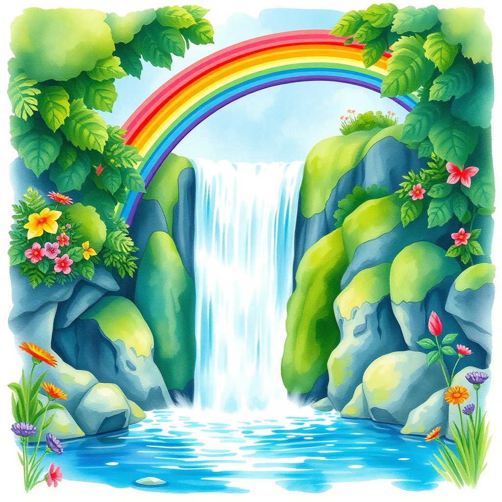 A vibrant watercolor scene depicting a beautiful rainbow arching gracefully over a majestic waterfall, surrounded by lush green foliage and colorful flowers