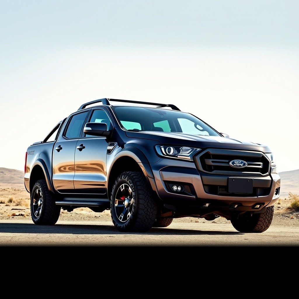 A sleek and modern 2025 Ford Ranger XLT, featuring a striking design with blacked-out wheels and a chrome delete finished look