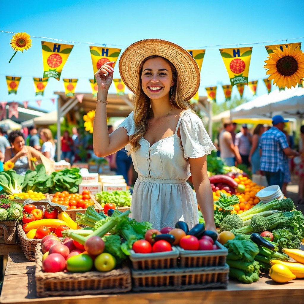 A young woman enthusiastically setting up her stall at an outdoor farmers market, surrounded by colorful fresh fruits and vegetables