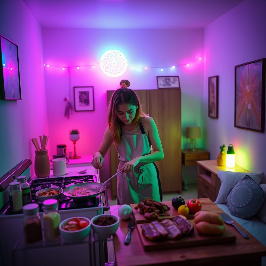 A woman cooking meat in her stylish bedroom filled with colorful LSD-inspired lights