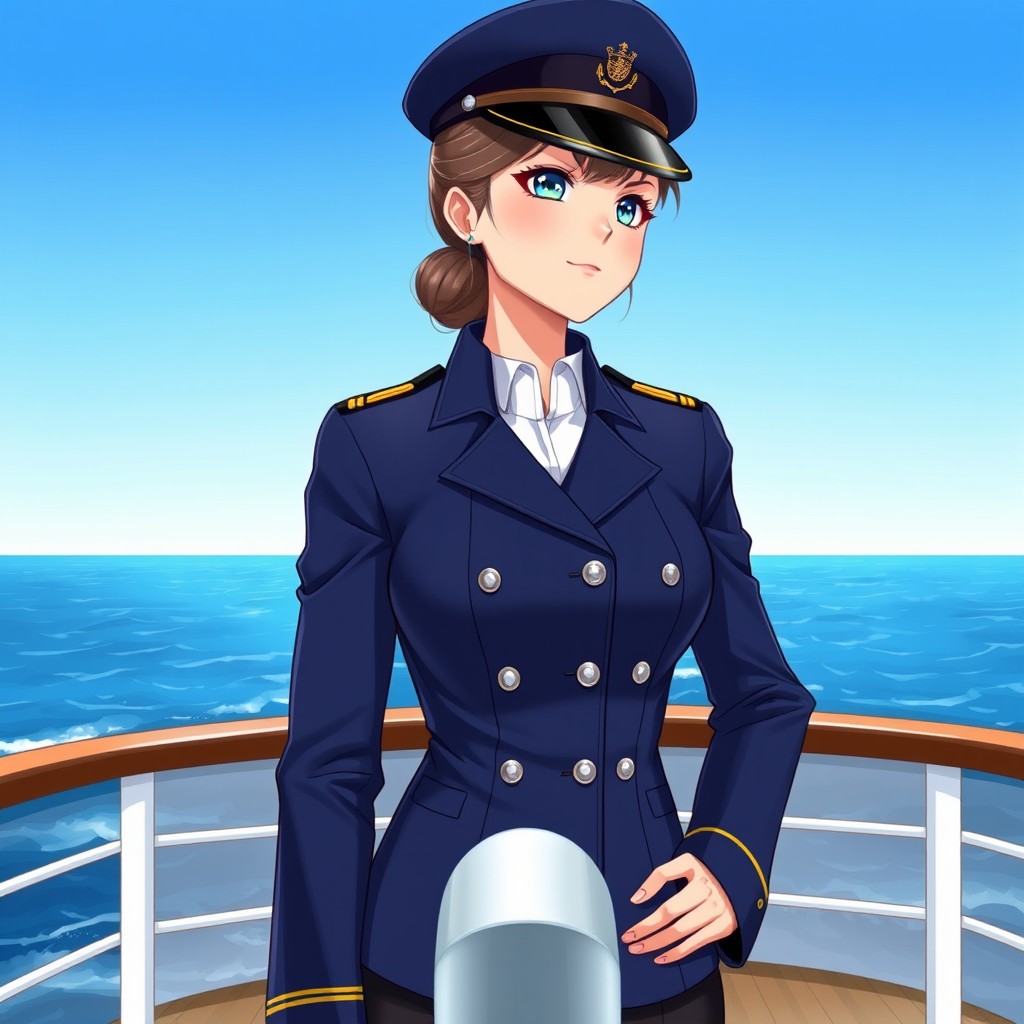 A detailed illustration of a female naval officer in a navy blue uniform, standing proudly on the deck of a ship