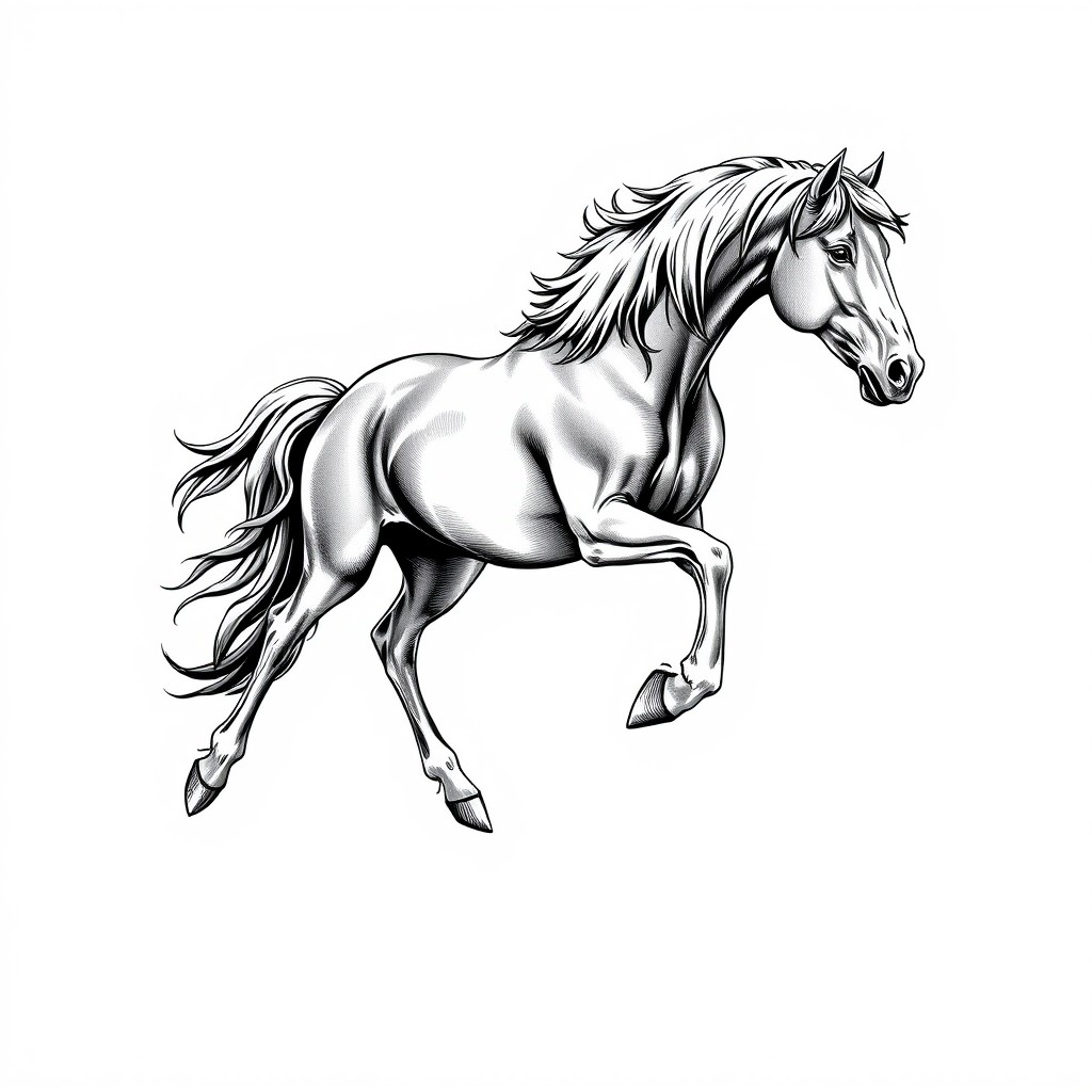 A highly detailed black and white illustration of a majestic gypsy cob horse trotting with high-stepping legs