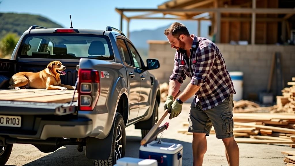 A New Zealand man in a plaid shirt and short shorts, focused and determined, sawing a wooden plank in half on a bustling worksite