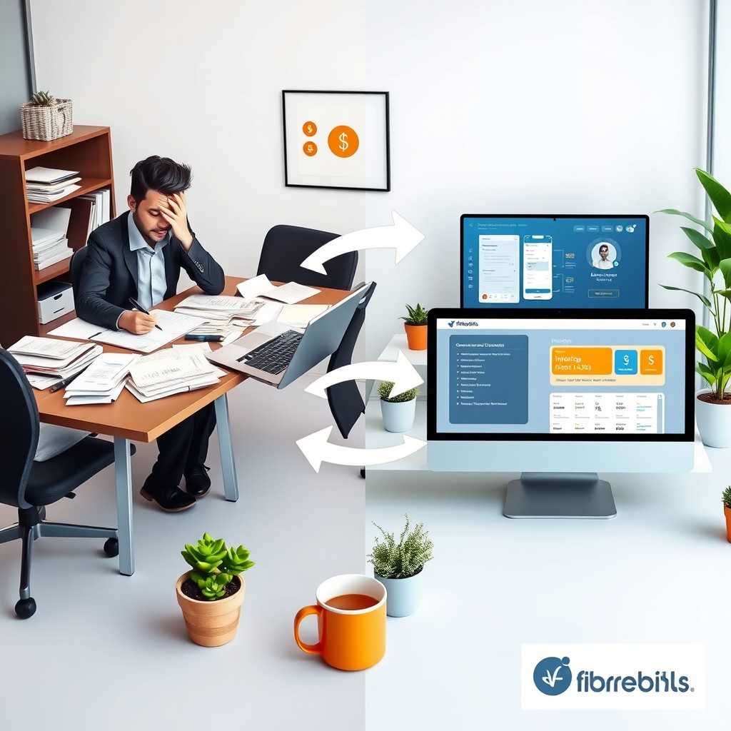 A sleek, modern office environment showcasing the evolution of invoicing from manual writing to automated digital solutions