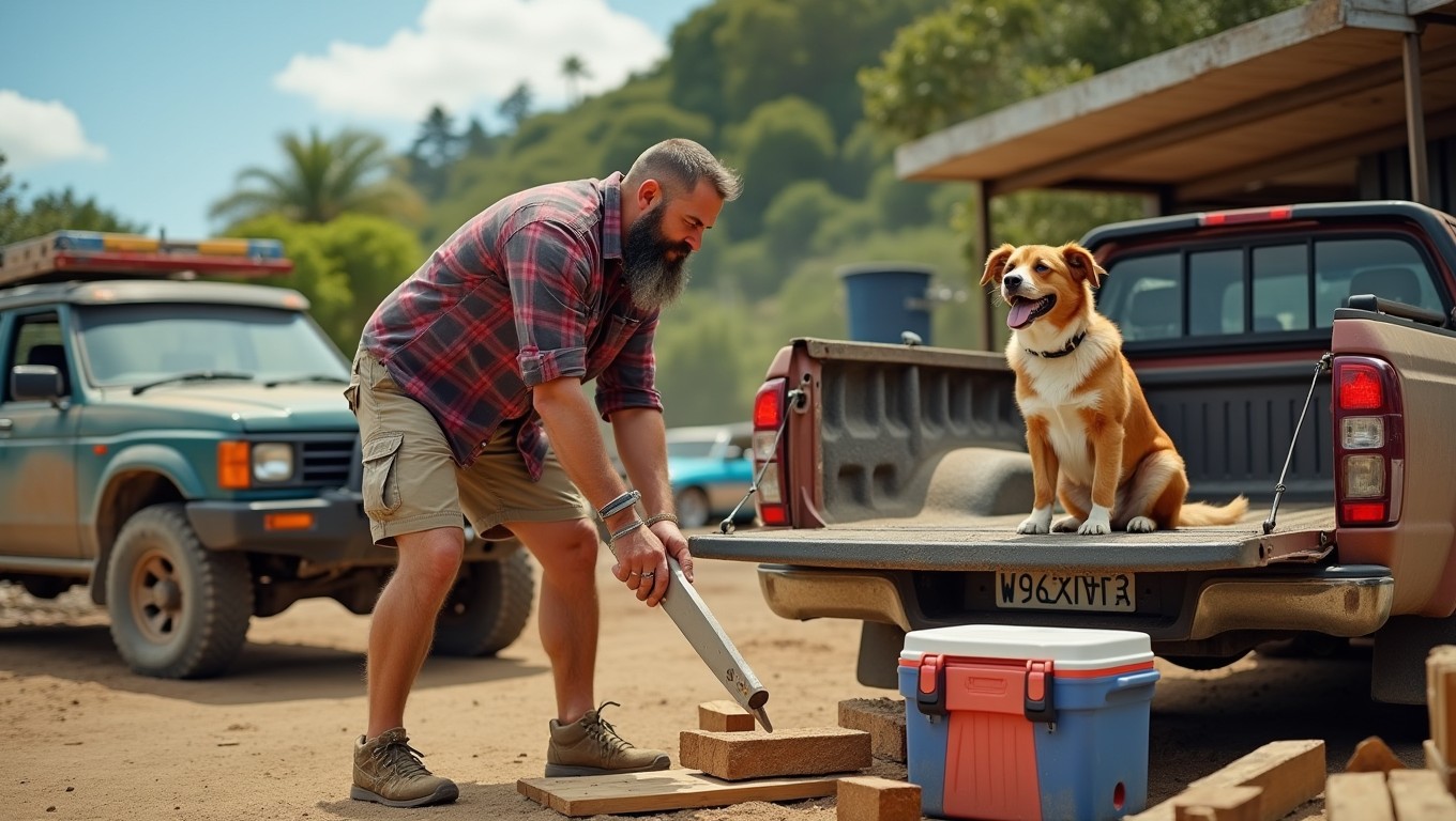 A rugged New Zealand man with a strong build, wearing a plaid shirt and short shorts, energetically sawing a piece of wood in half at a vibrant worksite