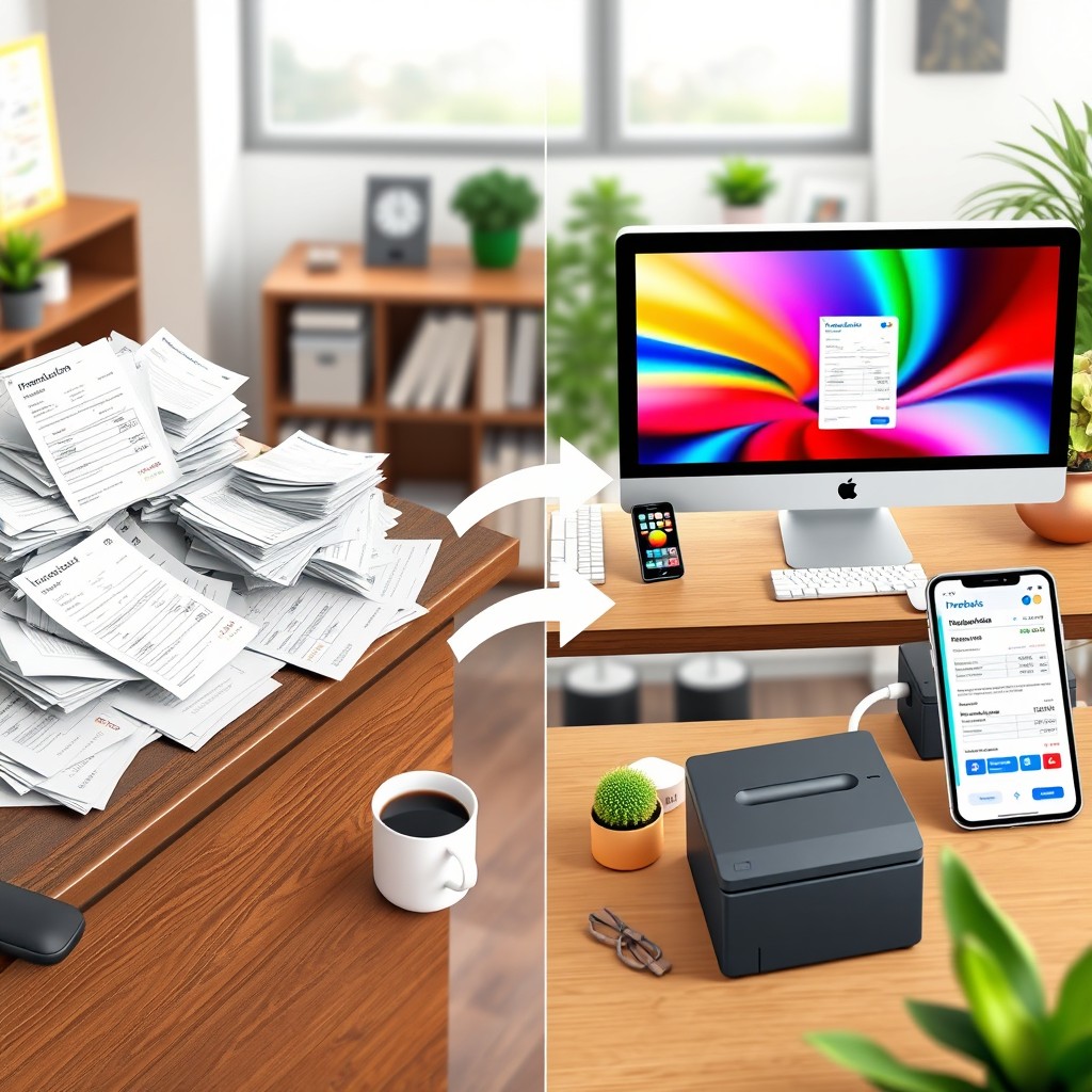 A dynamic and visually appealing office scene illustrating the transition from manual invoice writing to using Fiberbills for automated invoicing via the Collector app