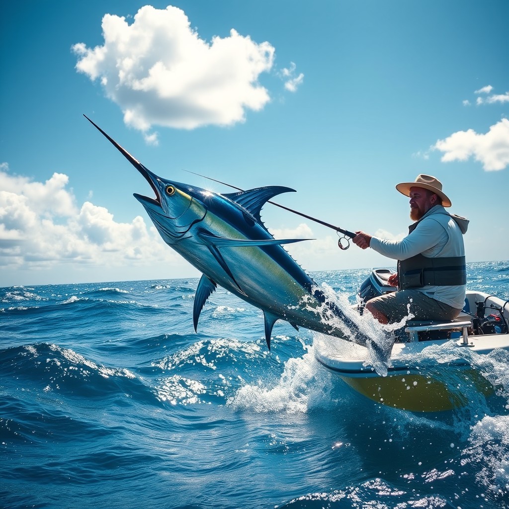 A dynamic scene depicting a fisherman on a small boat reeling in a large marlin that has jumped dramatically from the ocean surface