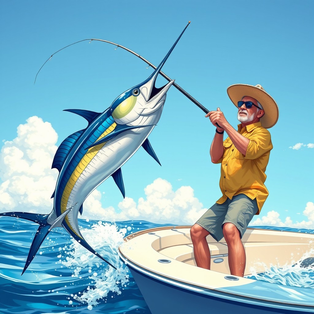An engaging illustration of a fisherman on a fishing boat reeling in a majestic marlin that has leapt into the air