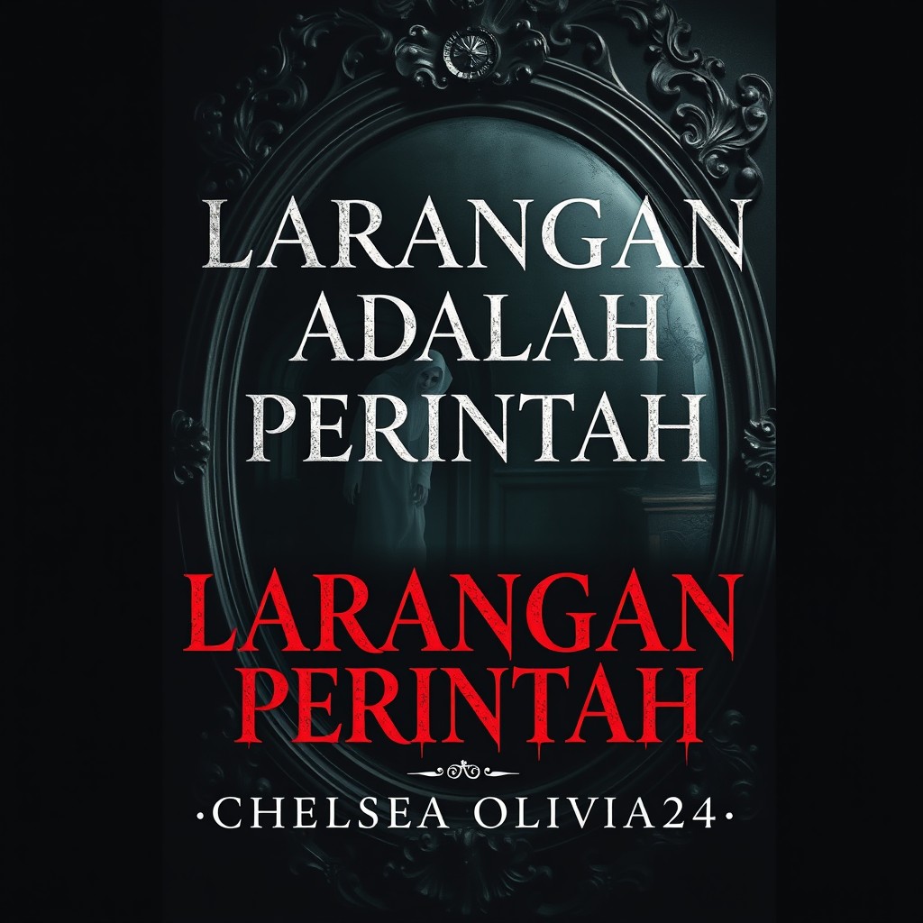 A haunting horror novel cover featuring a large vintage mirror with intricate details