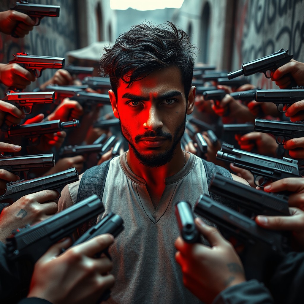 A very realistic action movie scene featuring a young Arab gangster who stands confidently in the center of the frame