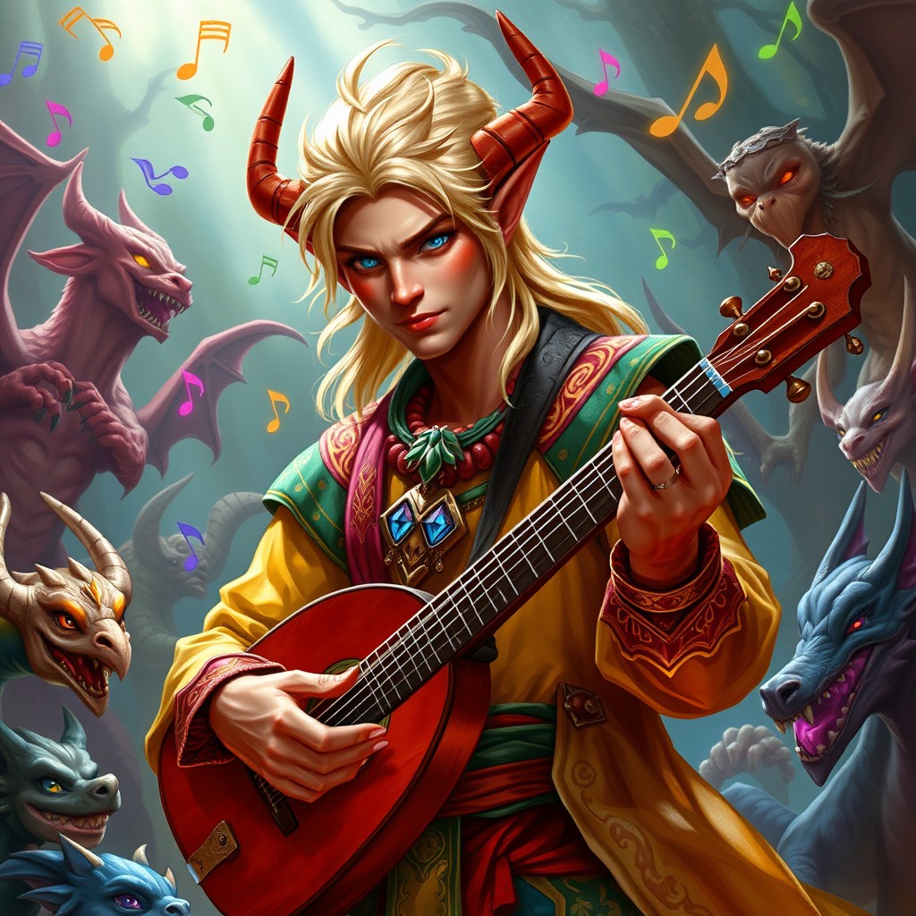 A male tiefling bard with striking blond hair and reddish skin, showcasing fiery blue eyes that glow with charisma