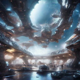 A futuristic space port in shambles, with broken spacecrafts, shattered glass domes, and debris floating in the zero gravity environment, all illuminated by the surreal light of distant galaxies.