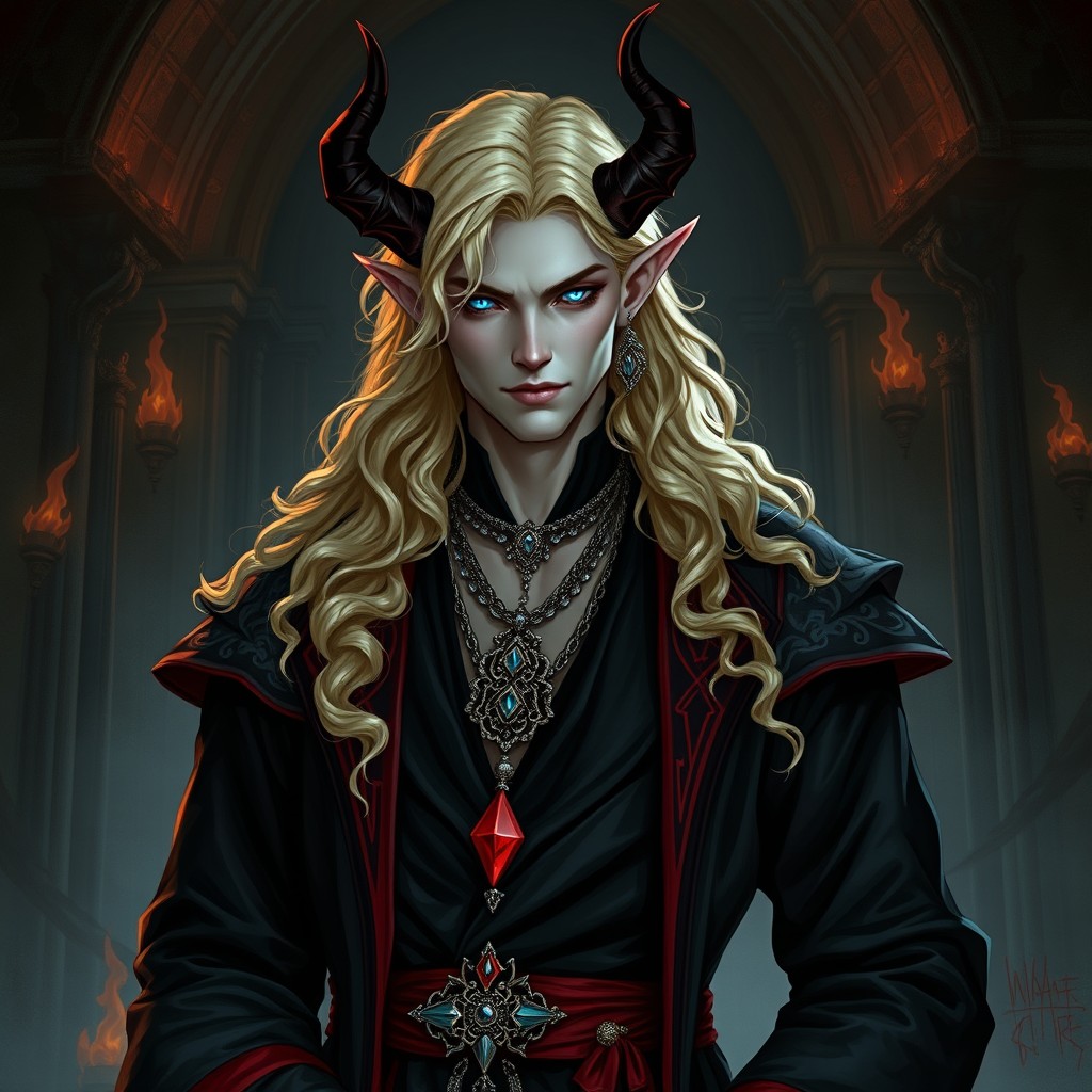 A male Asmodeus tiefling with luxurious blonde wavy hair and mesmerizing fiery blue eyes