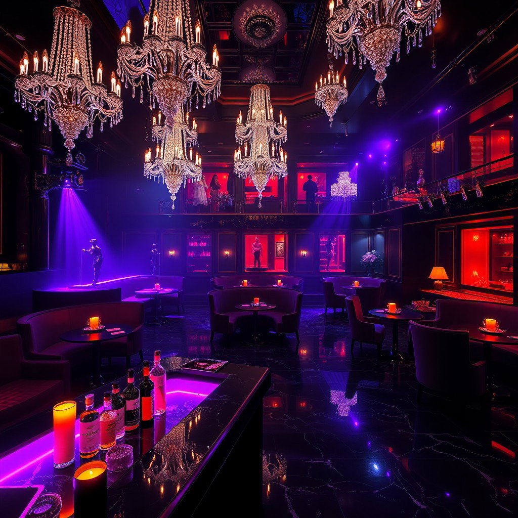 A luxurious nightclub scene, described as a cathedral of debauchery, featuring black marble floors polished to a mirror shine reflecting the writhing bodies of dancers on elevated stages