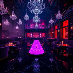 A luxurious nightclub scene, described as a cathedral of debauchery, featuring black marble floors polished to a mirror shine reflecting the writhing bodies of dancers on elevated stages
