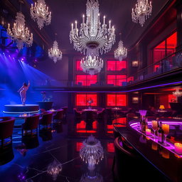 A luxurious nightclub scene, described as a cathedral of debauchery, featuring black marble floors polished to a mirror shine reflecting the writhing bodies of dancers on elevated stages