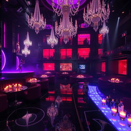 A luxurious nightclub scene, described as a cathedral of debauchery, featuring black marble floors polished to a mirror shine reflecting the writhing bodies of dancers on elevated stages