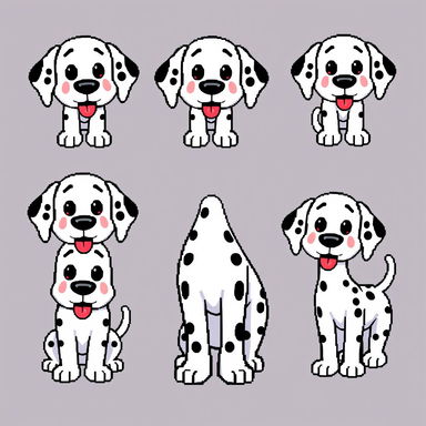 Pixel art sprites of a friendly cartoon Dalmatian named Rosie, rendered in a clean and geometric 8-bit retro style