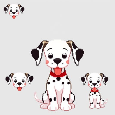 Pixel art sprites of a friendly cartoon Dalmatian named Rosie, rendered in a clean and geometric 8-bit retro style