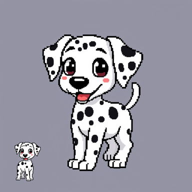 Pixel art sprites of a friendly cartoon Dalmatian named Rosie, rendered in a clean and geometric 8-bit retro style
