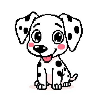 Pixel art sprites of a friendly cartoon Dalmatian named Rosie, rendered in a clean and geometric 8-bit retro style