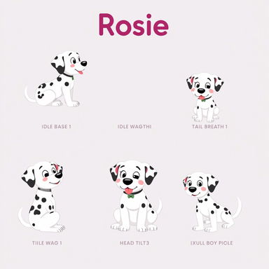 Pixel art sprites of a friendly cartoon Dalmatian named Rosie, rendered in a clean and geometric 8-bit retro style