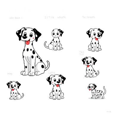 Pixel art sprites of a friendly cartoon Dalmatian named Rosie, rendered in a clean and geometric 8-bit retro style